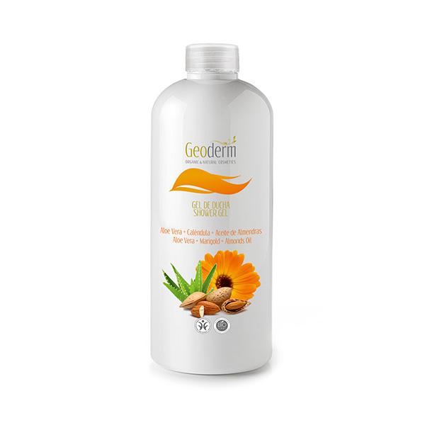 A bottle of Organic & Natural Skin Pamper Shower Gel featuring Aloe Vera and Calendula, showcasing its natural ingredients and family size.