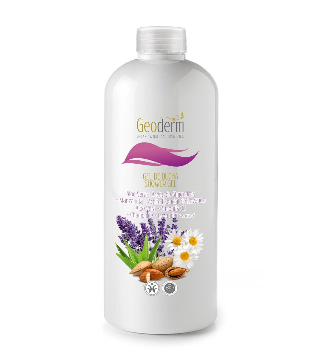 A bottle of Organic & Natural Skin Pamper Shower Gel featuring aloe vera, lavender, chamomile, and almond oils, perfect for nourishing and moisturizing skin.