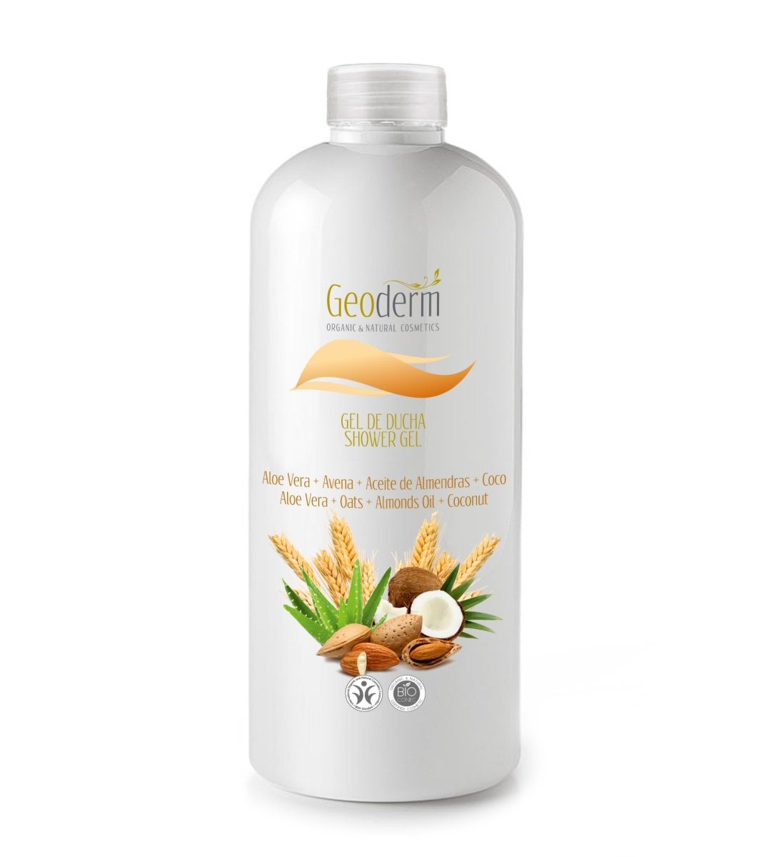 A bottle of Organic & Natural Skin Pamper Shower Gel featuring Aloe Vera, Oats, and Coconut, set against a natural background.