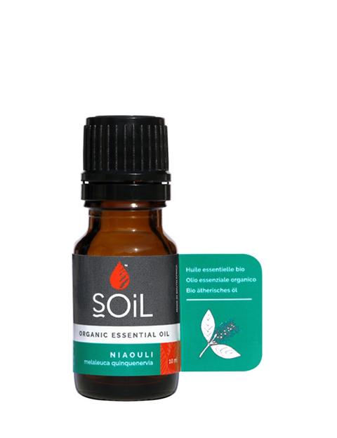 A 10ml bottle of Organic Niaouli Essential Oil with a fresh and camphoraceous aroma, ideal for aromatherapy and healing.