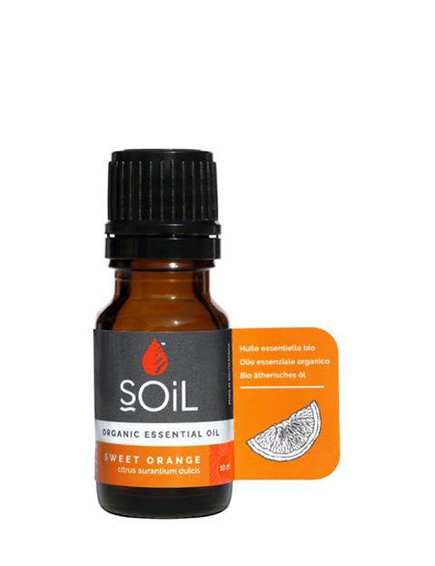 A 10ml bottle of Organic Orange Essential Oil (Citrus Sinensis) with a vibrant orange label, showcasing its purity and organic certification.