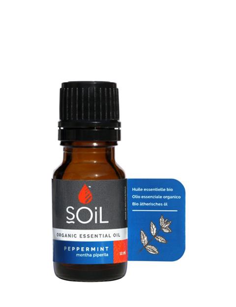 A 10ml bottle of Organic Peppermint Essential Oil (Mentha Piperita) with a refreshing green label, showcasing its purity and organic certification.