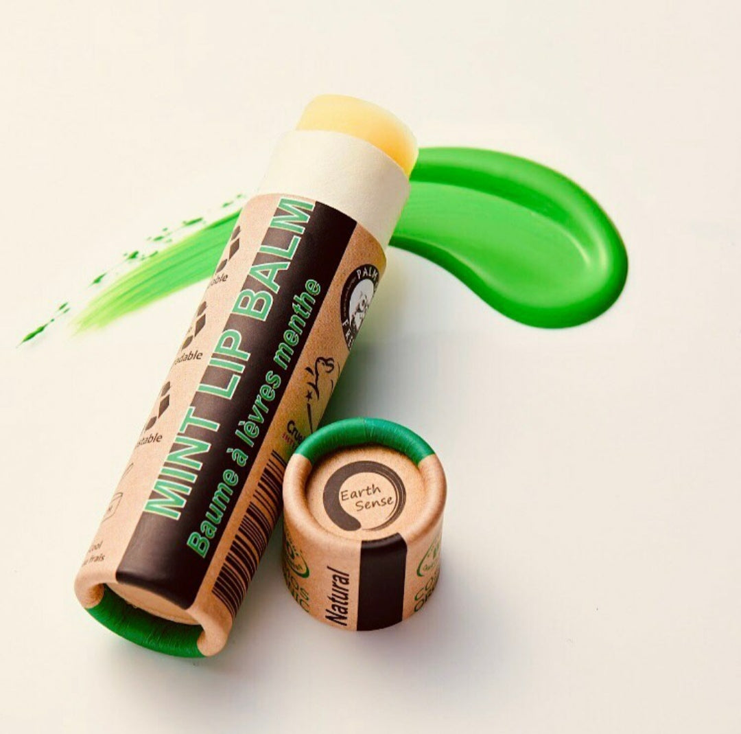 Organic Peppermint Lip Balm in a push-up tube, showcasing its natural ingredients and eco-friendly packaging.