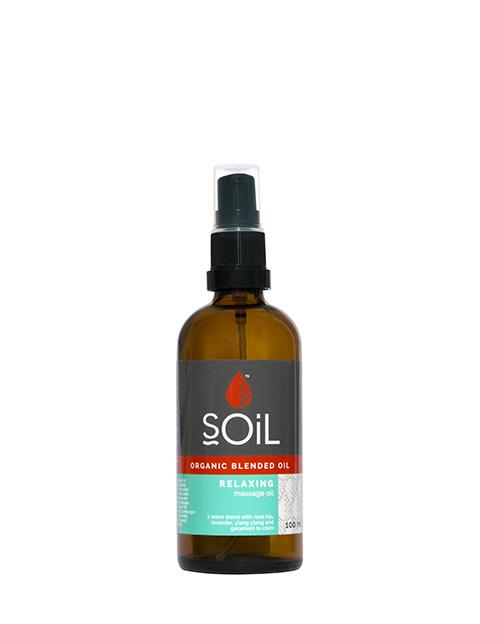 A 100ml bottle of Organic Relaxing Blended Oil featuring a blend of lavender, ylang-ylang, and rose geranium for relaxation and skin hydration.