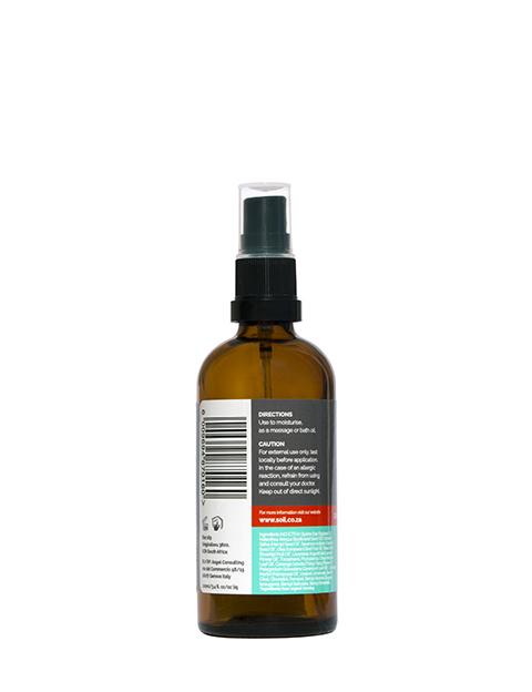 A 100ml bottle of Organic Relaxing Blended Oil featuring a blend of lavender, ylang-ylang, and rose geranium for relaxation and skin hydration.