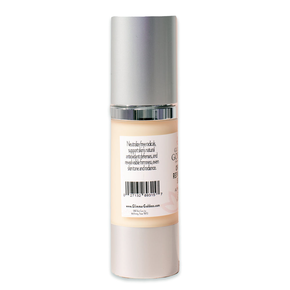 Organic Resveratrol Instant Firming Serum bottle with a dropper, showcasing its elegant design and natural ingredients.