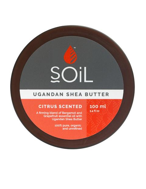 100ml jar of Organic Shea Butter with Citrus scent, showcasing its creamy texture and vibrant packaging.