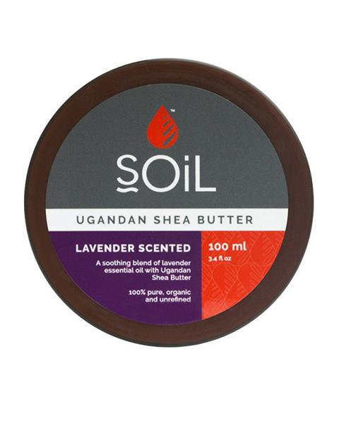 A 100ml jar of Organic Shea Butter with a lavender scent, showcasing its creamy texture and natural ingredients.