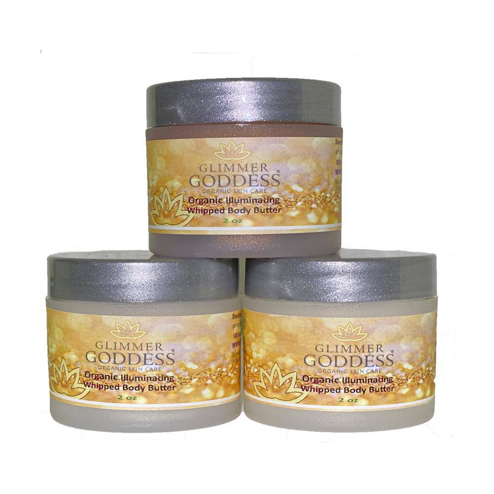 Three 2 oz jars of Organic Shimmering Whipped Body Butter in bronze, gold, and rose gold shimmer, showcasing a luxurious travel set.