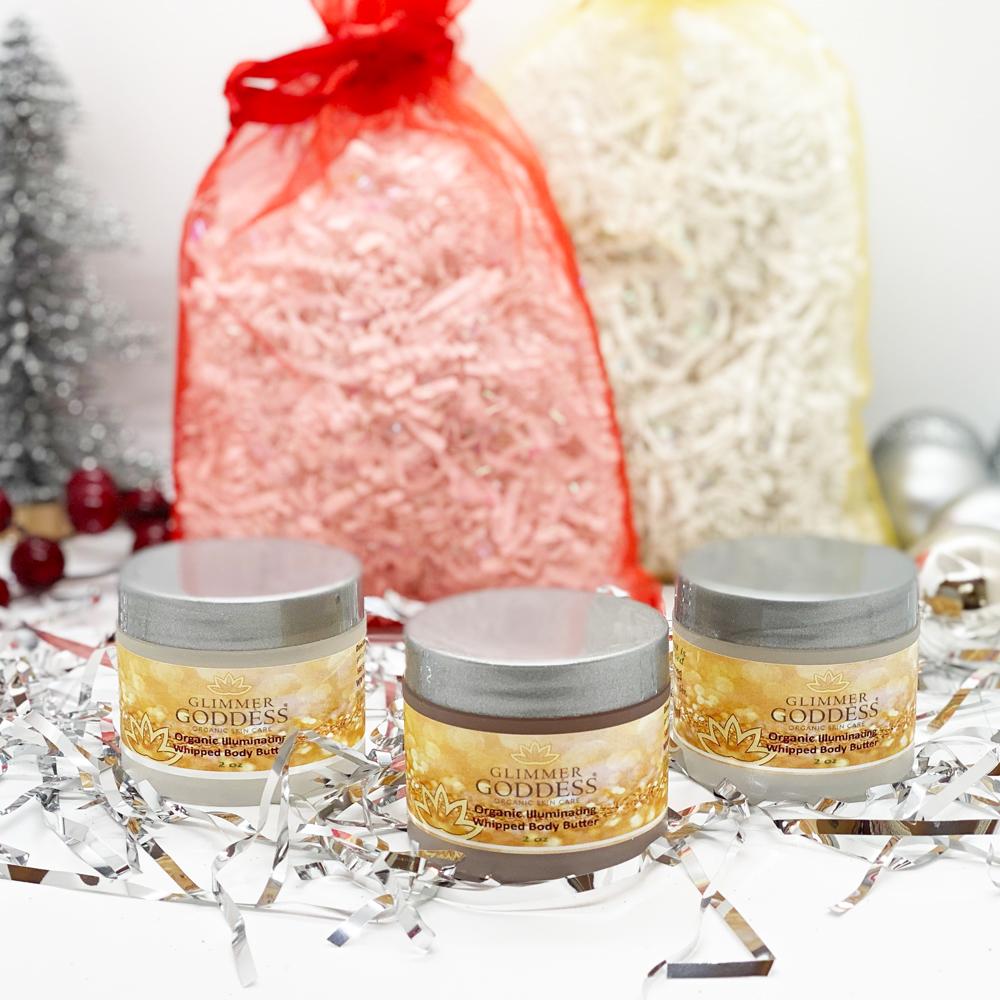 Three 2 oz jars of Organic Shimmering Whipped Body Butter in bronze, gold, and rose gold shimmer, showcasing a luxurious travel set.