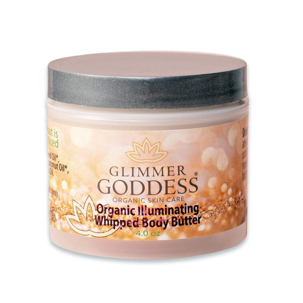 A jar of Organic Shimmering Whipped Body Butter with a creamy texture and shimmering effect, surrounded by natural ingredients.