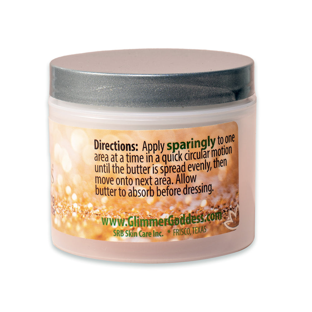 A jar of Organic Shimmering Whipped Body Butter with a creamy texture and shimmering effect, surrounded by natural ingredients.