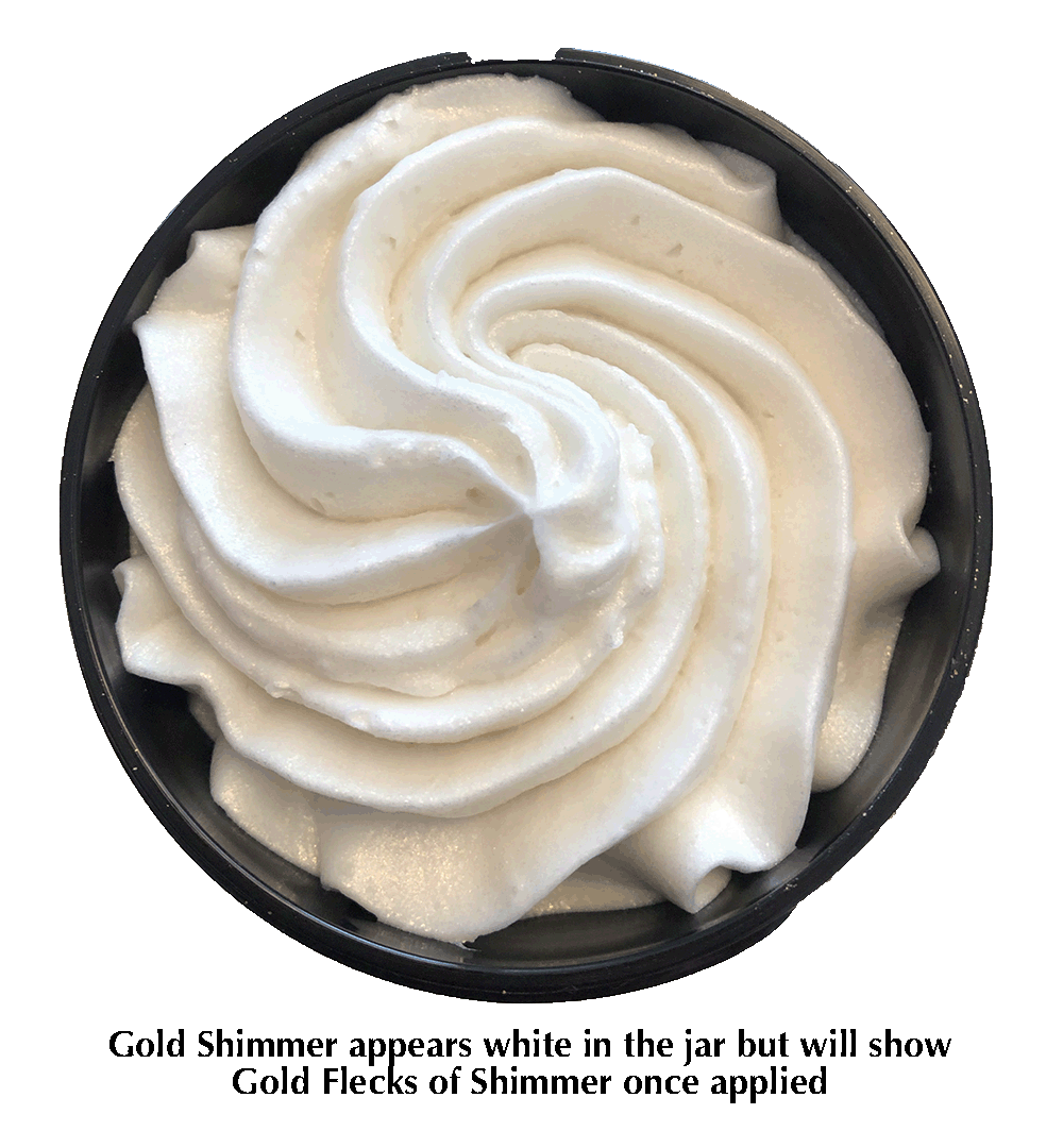 A jar of Organic Shimmering Whipped Body Butter with a creamy texture and shimmering effect, surrounded by natural ingredients.