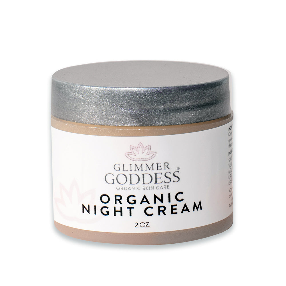 Organic Skin Renewal Night Face Cream in a sleek jar, showcasing its rich texture and natural ingredients, perfect for overnight hydration.