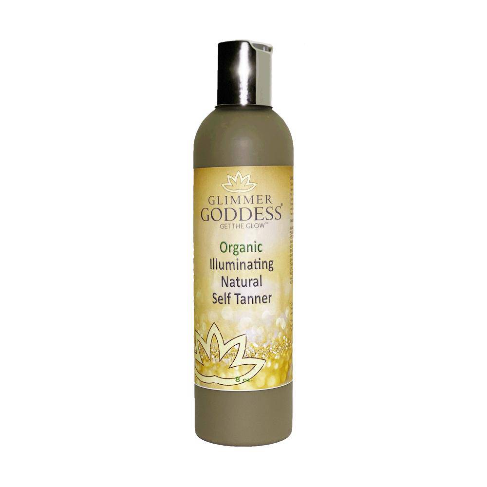 Bottle of Organic Sunless Tanning Lotion with a golden glow effect, showcasing its natural and vegan ingredients.