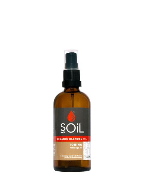 A 100ml bottle of Organic Toning Blended Oil featuring a blend of essential oils for detox and relaxation.