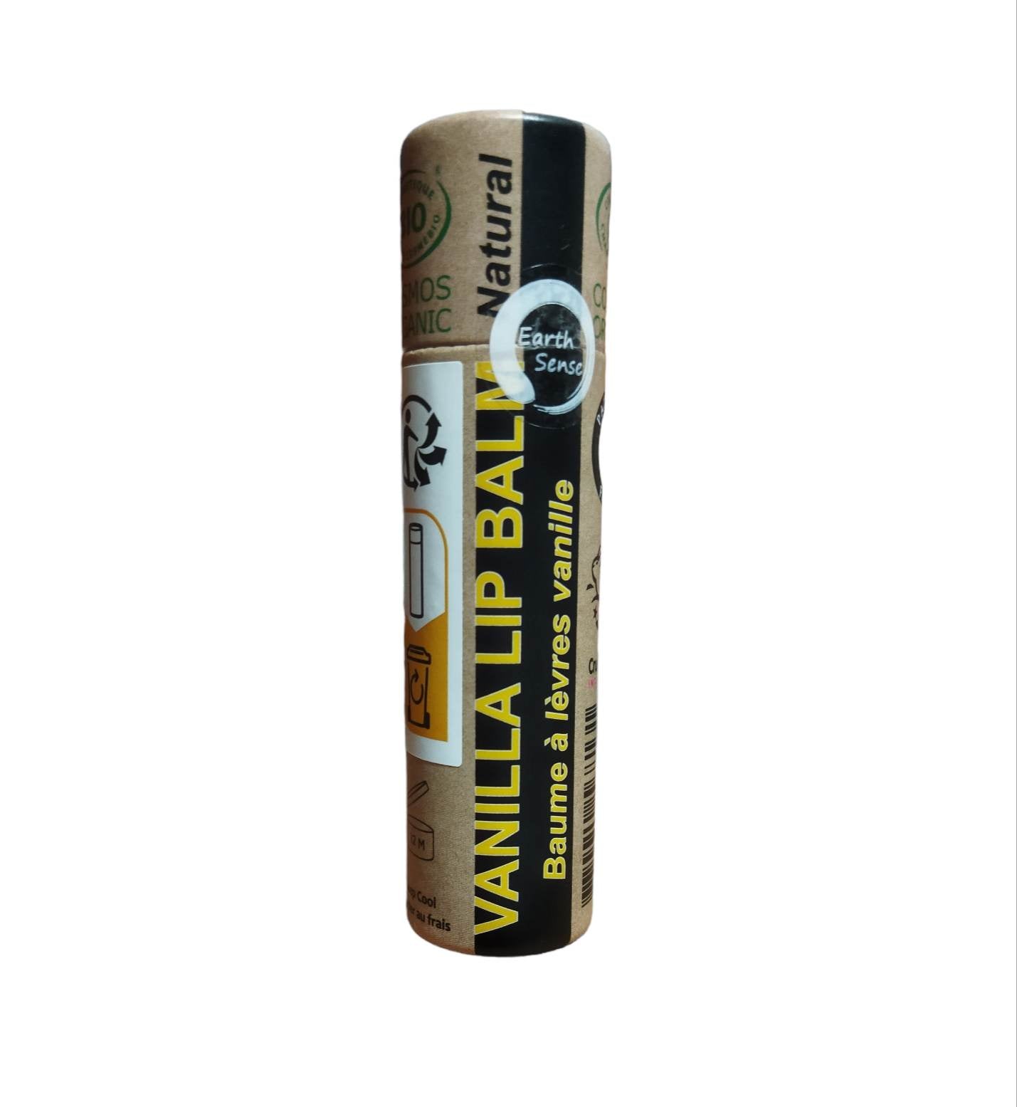 Organic Vanilla Lip Balm in a paper tube, showcasing its natural ingredients and eco-friendly packaging.