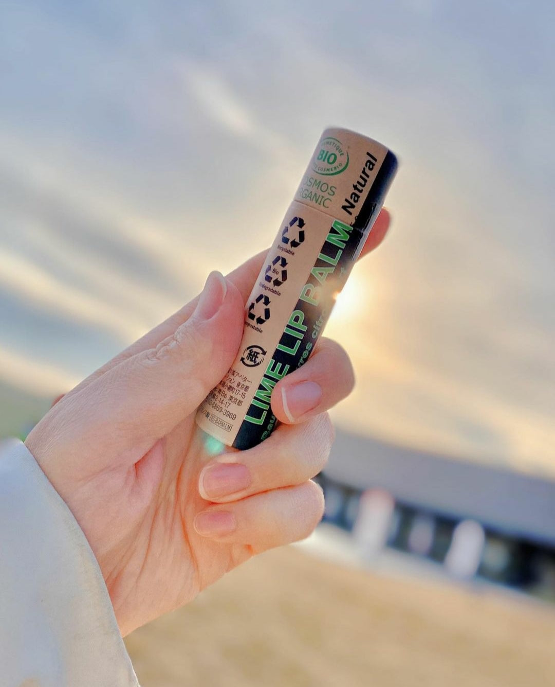 Organic Vanilla Lip Balm in a paper tube, showcasing its natural ingredients and eco-friendly packaging.