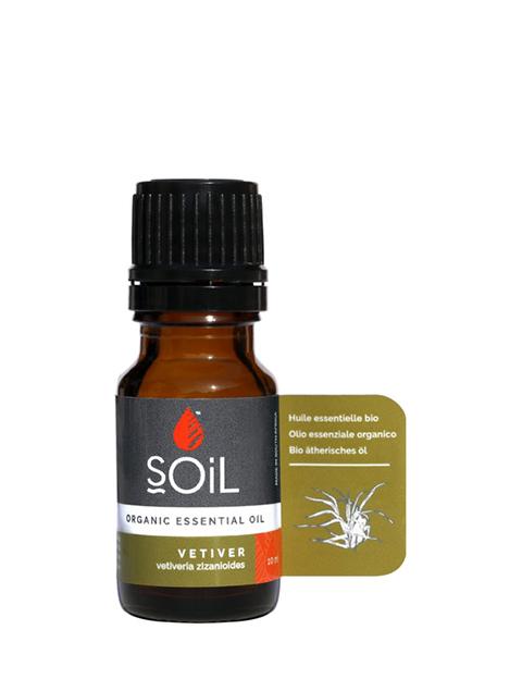 A 10ml bottle of Organic Vetiver Essential Oil with a dark amber color, featuring a dropper cap and a label indicating its purity and organic certification.