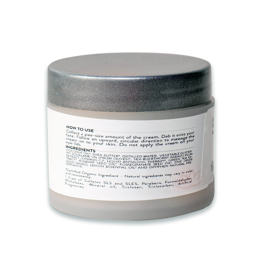 Organic Vitamin C Face Cream SPF 30 in a sleek jar, showcasing its rich texture and natural ingredients.