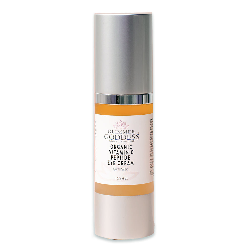 Organic Vitamin C Peptide Eye Serum bottle with a dropper, showcasing its elegant design and natural ingredients.