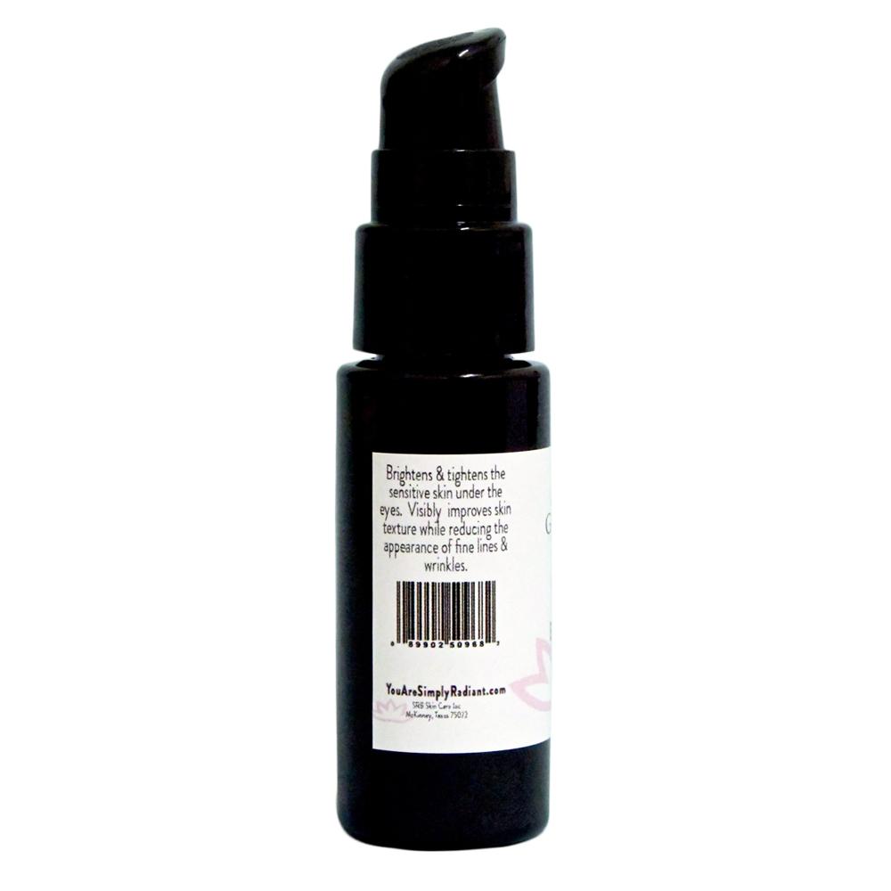 Organic Vitamin C Peptide Eye Serum bottle with a dropper, showcasing its elegant design and natural ingredients.