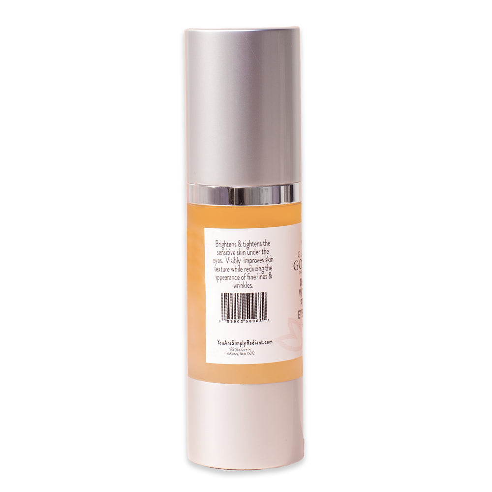 Organic Vitamin C Peptide Eye Serum bottle with a dropper, showcasing its elegant design and natural ingredients.