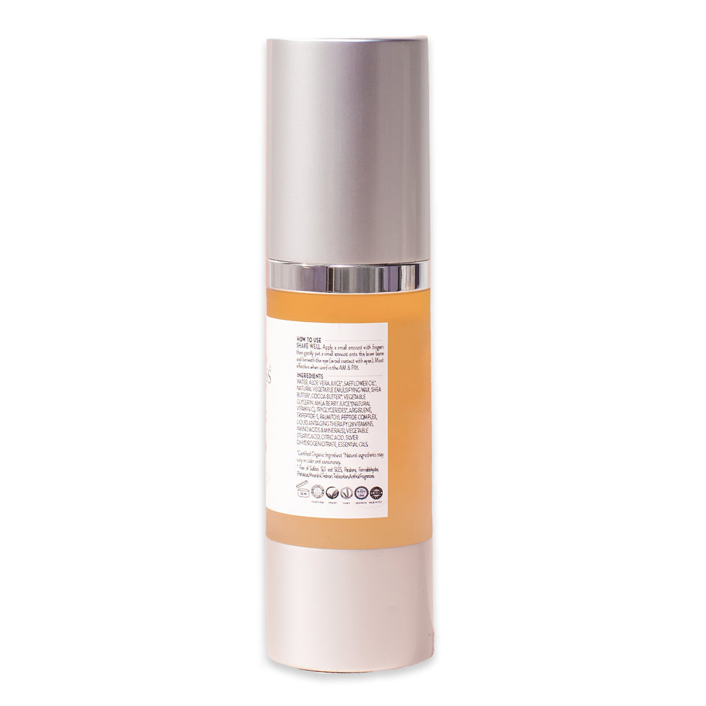 Organic Vitamin C Peptide Eye Serum bottle with a dropper, showcasing its elegant design and natural ingredients.