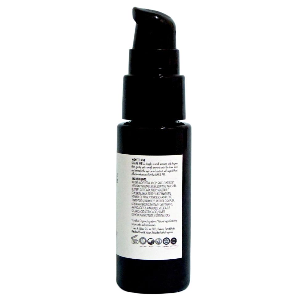 Organic Vitamin C Peptide Eye Serum bottle with a dropper, showcasing its elegant design and natural ingredients.