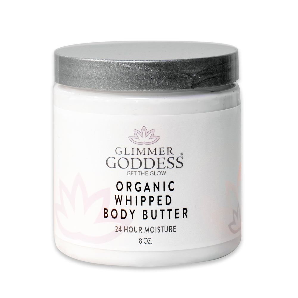 A jar of Organic Whipped Body Butter, showcasing its creamy texture and natural ingredients, perfect for moisturizing dry skin.