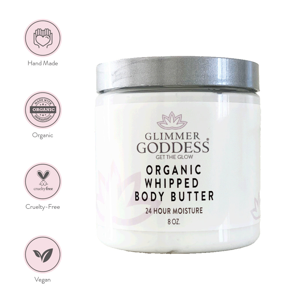 A jar of Organic Whipped Body Butter, showcasing its creamy texture and natural ingredients, perfect for moisturizing dry skin.