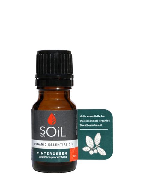 A 10ml bottle of Organic Wintergreen Essential Oil with a green label, showcasing its purity and organic certification.