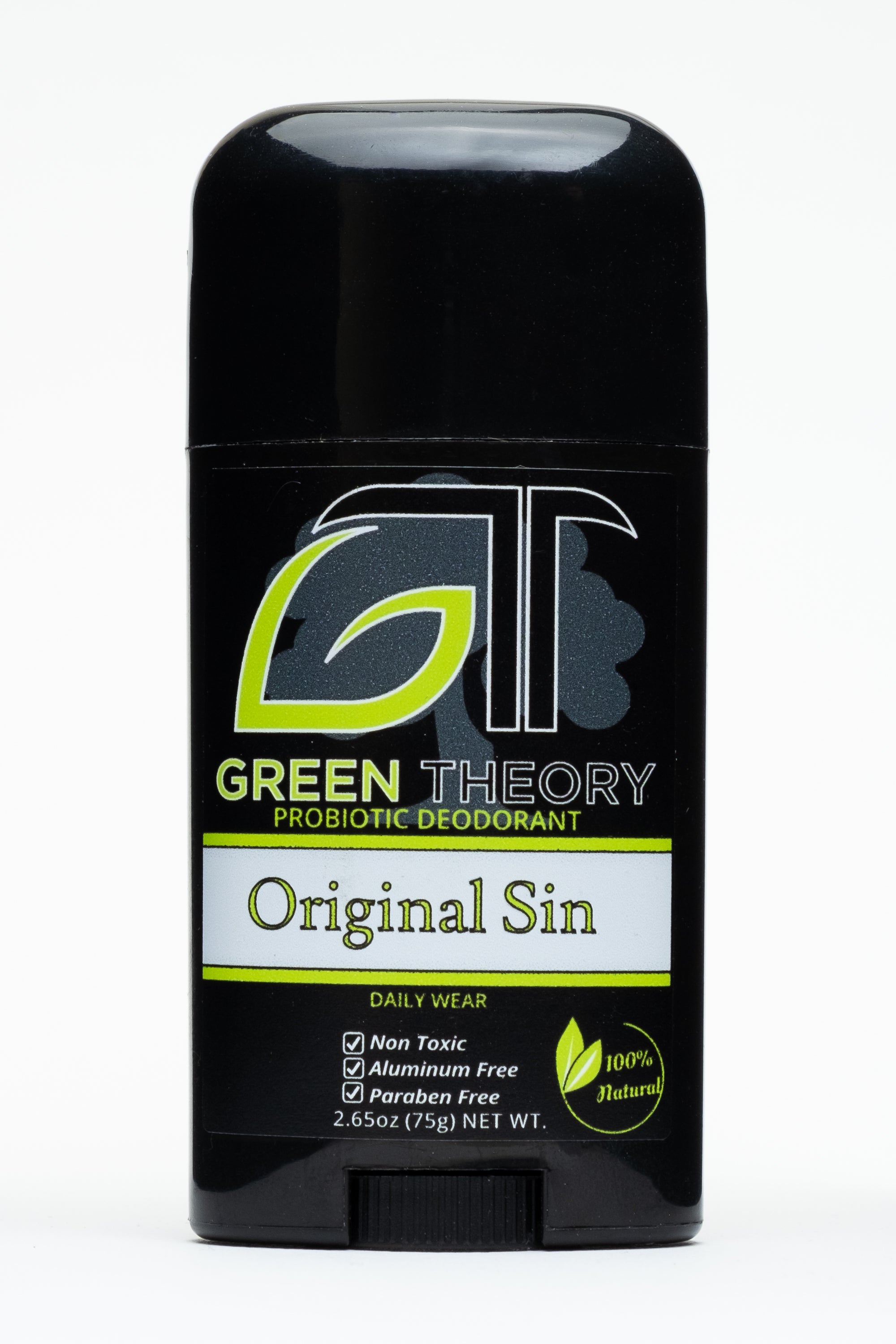 Original Sin Probiotic Natural Aluminum Free Deodorant stick with a sleek design, showcasing its natural ingredients and essential oils.