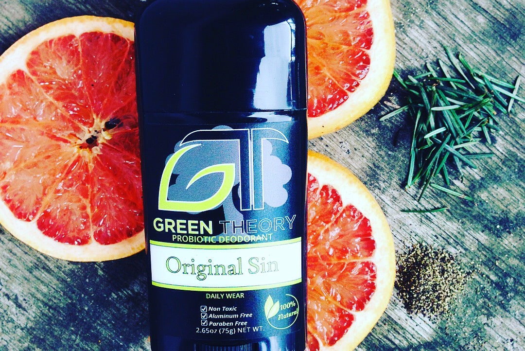 Original Sin Probiotic Natural Aluminum Free Deodorant stick with a sleek design, showcasing its natural ingredients and essential oils.