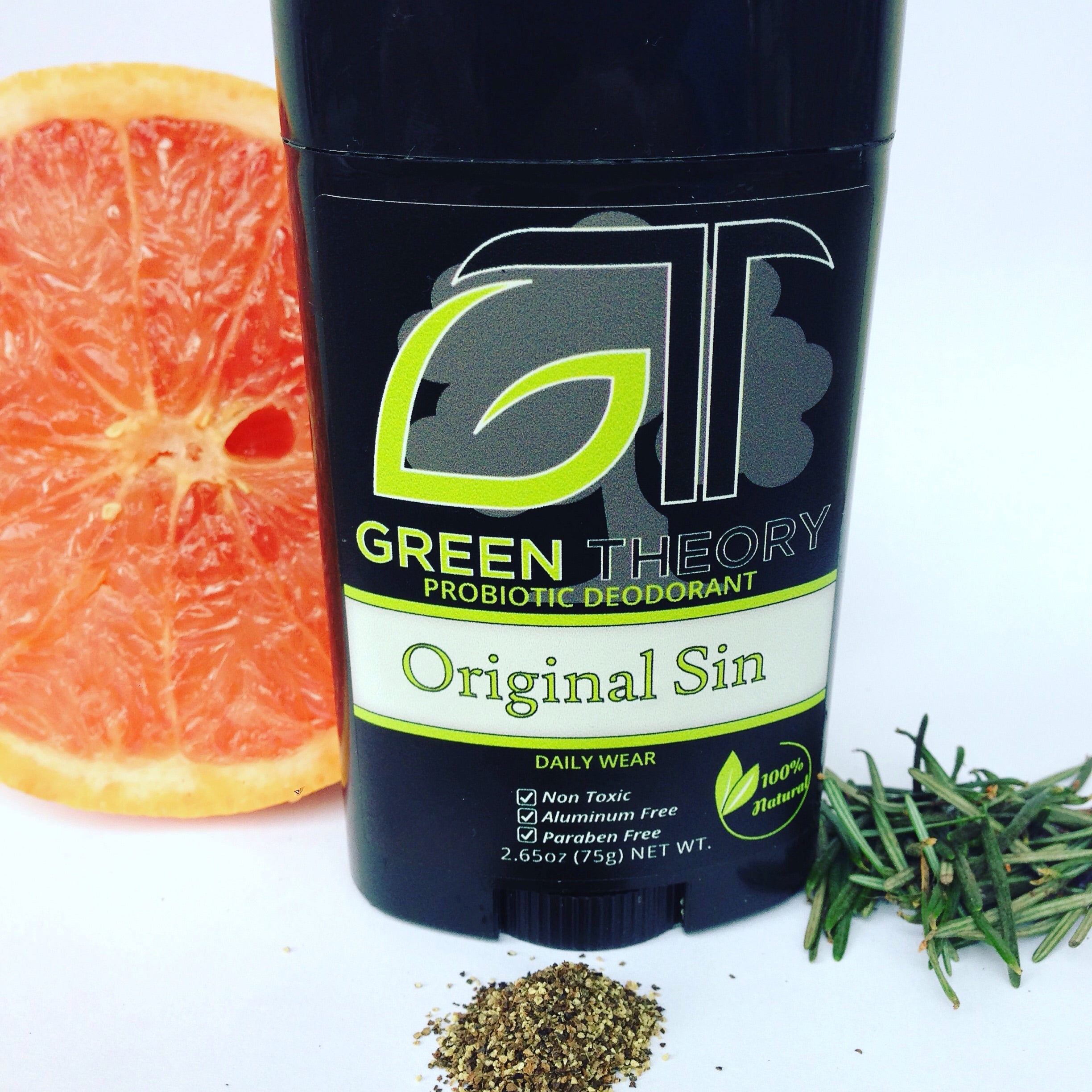 Original Sin Probiotic Natural Aluminum Free Deodorant stick with a sleek design, showcasing its natural ingredients and essential oils.