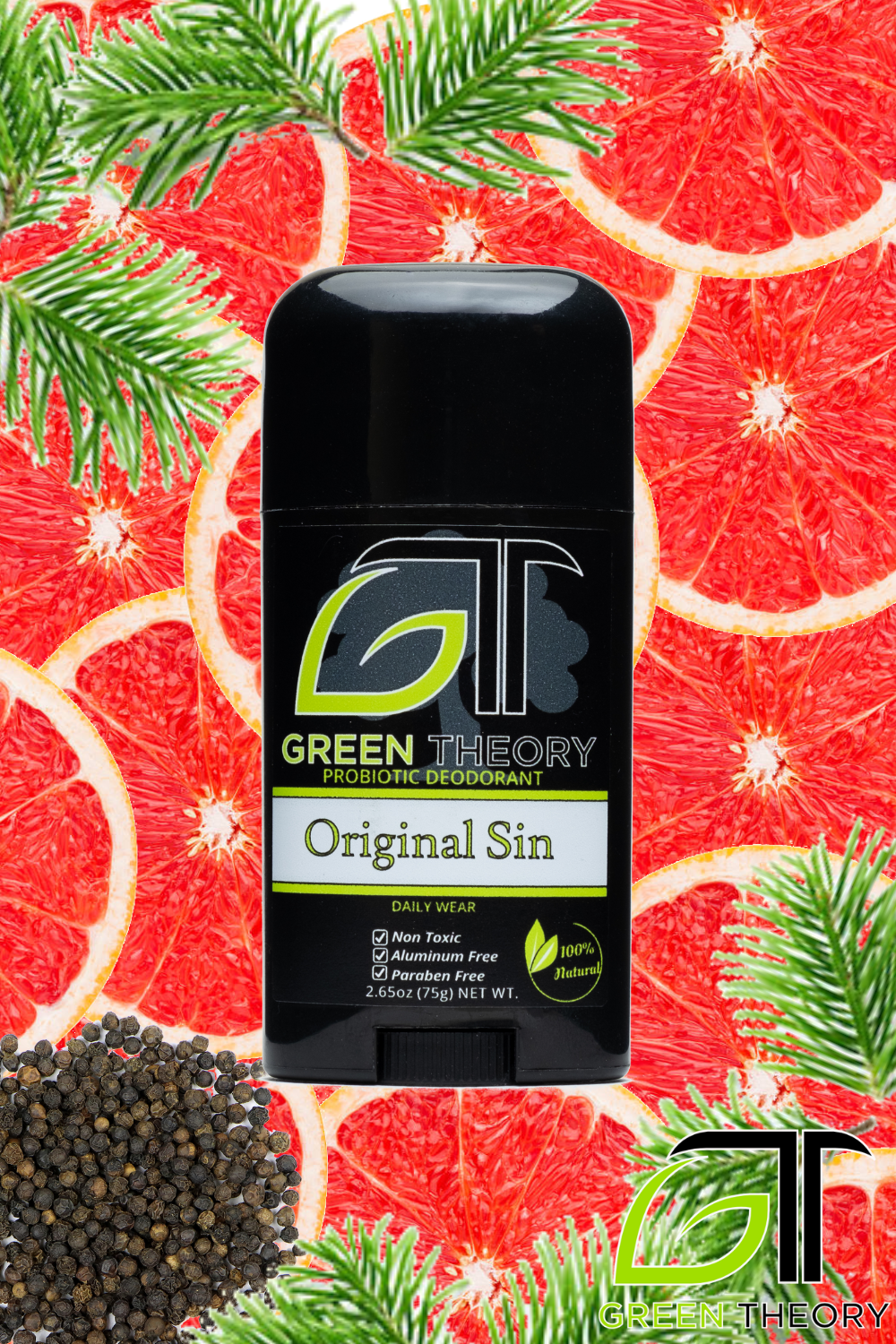 Original Sin Probiotic Natural Aluminum Free Deodorant stick with a sleek design, showcasing its natural ingredients and essential oils.