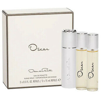 Oscar De La Renta Oscar Gift Set featuring two 15ml EDT bottles and a purse spray in elegant packaging.