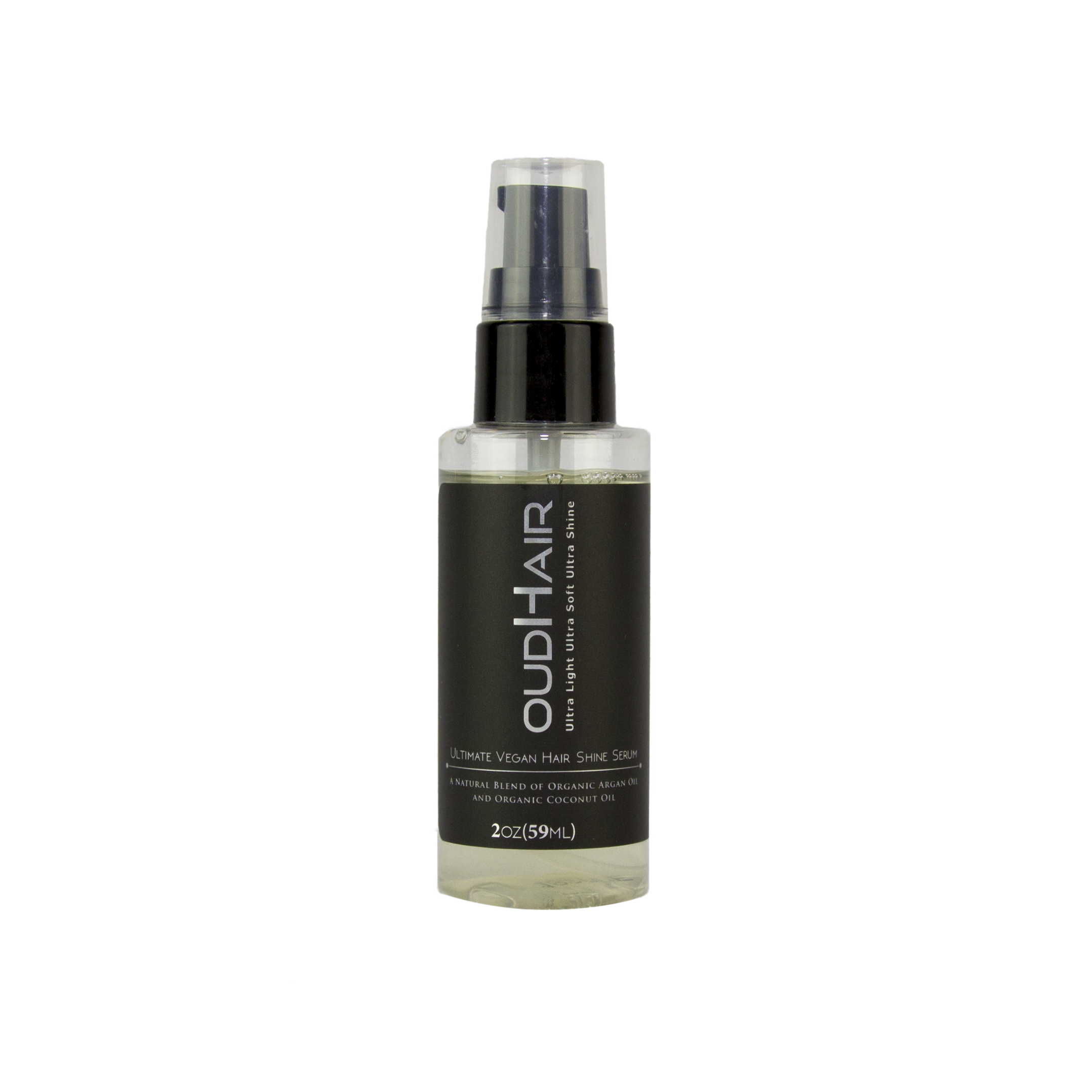 OudHair Ultimate Vegan Hair Shine Serum bottle with a sleek design, showcasing its luxurious oil texture and vibrant branding.