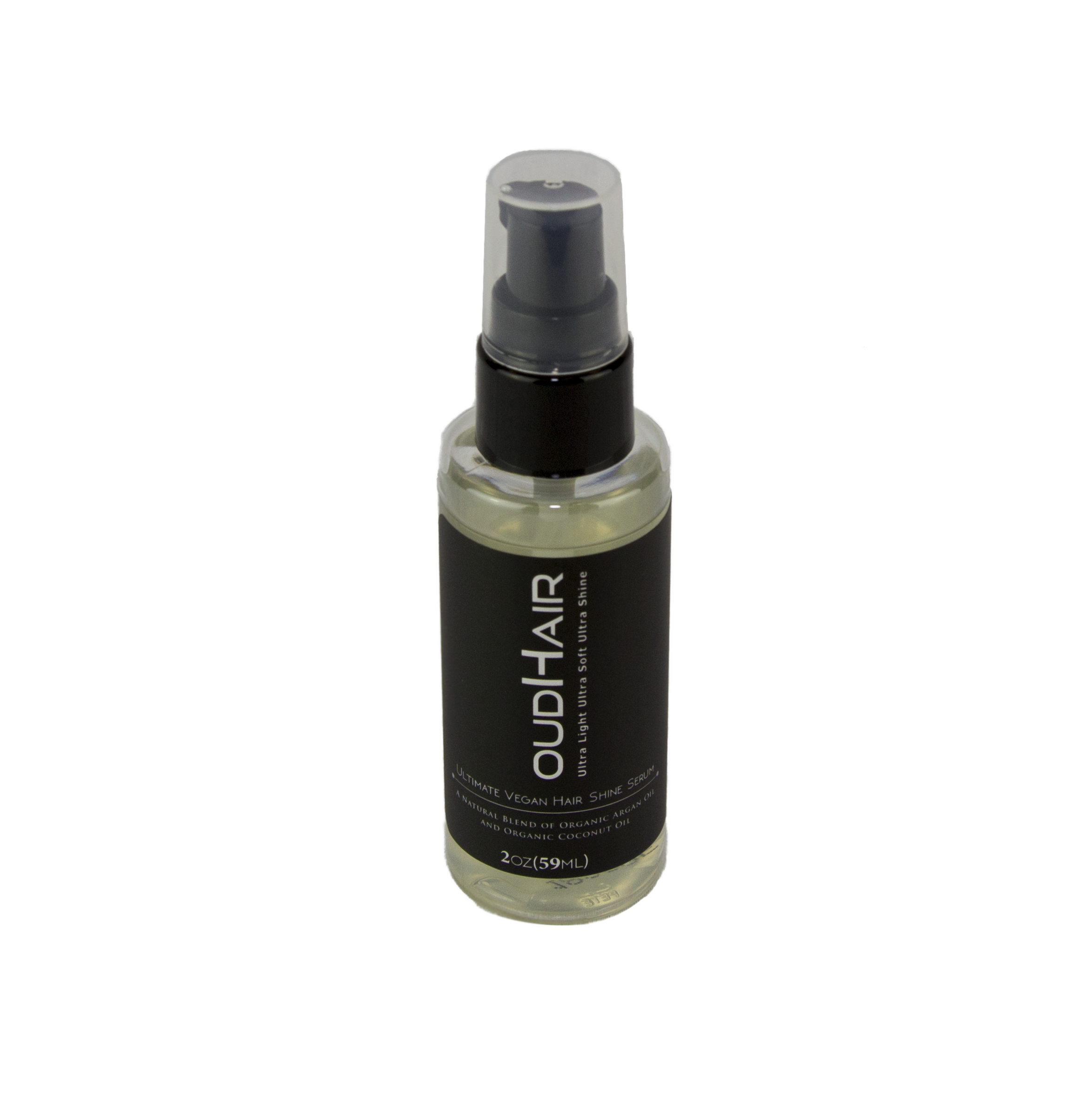 OudHair Ultimate Vegan Hair Shine Serum bottle with a sleek design, showcasing its luxurious oil texture and vibrant branding.