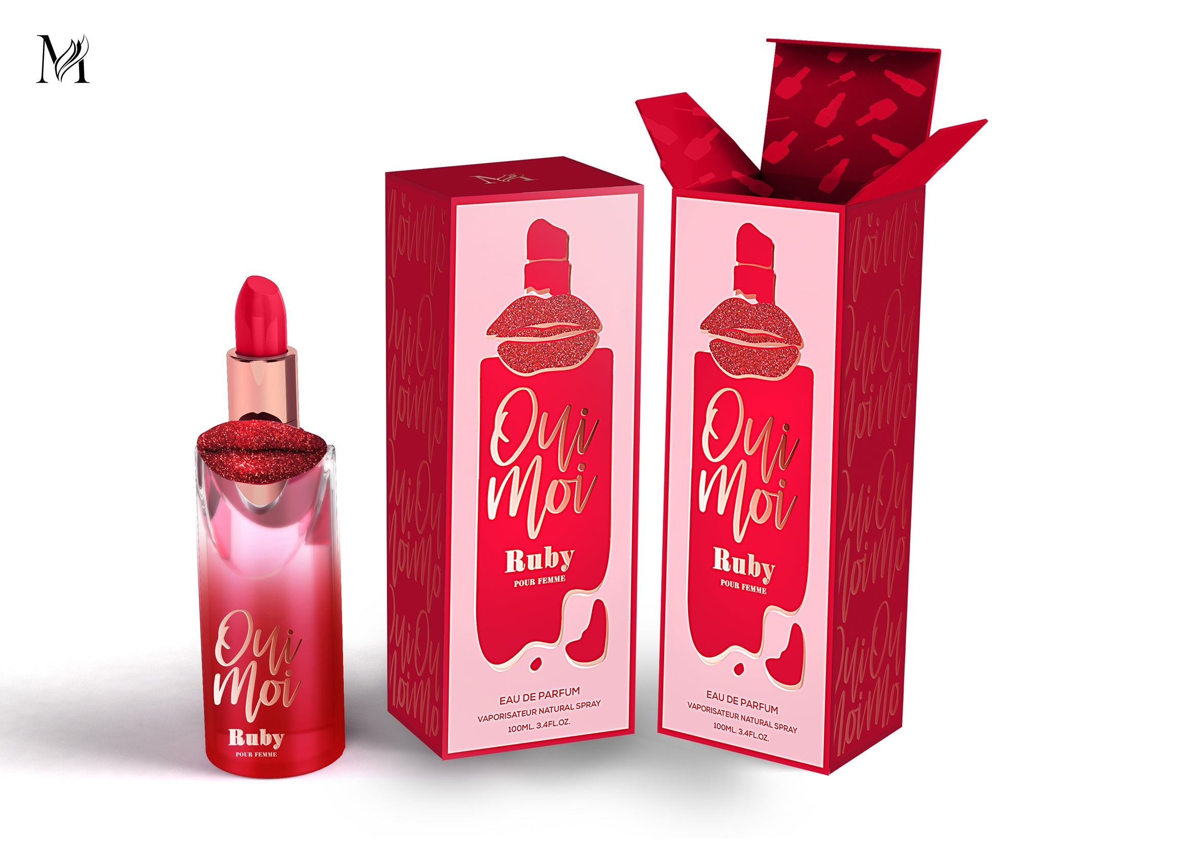 A stylish bottle of Oui Mui Ruby Eau de Parfum for Women, showcasing its elegant design and vibrant color.