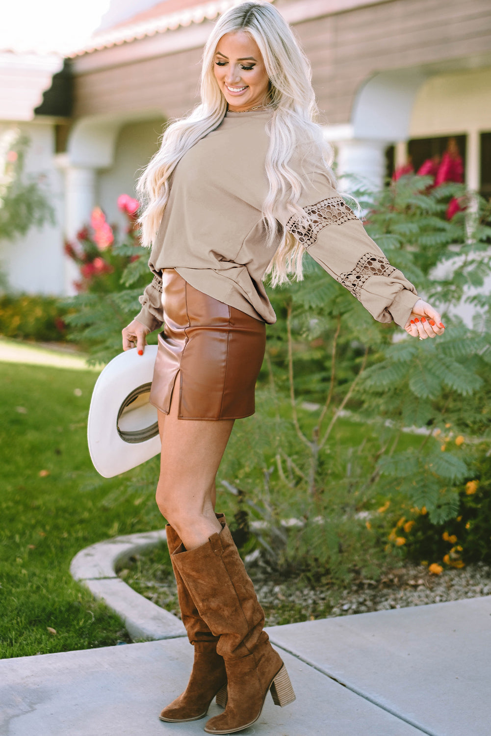 Pale Chestnut Guipure Lace Insert Lantern Sleeve Top featuring intricate lace details and stylish lantern sleeves.