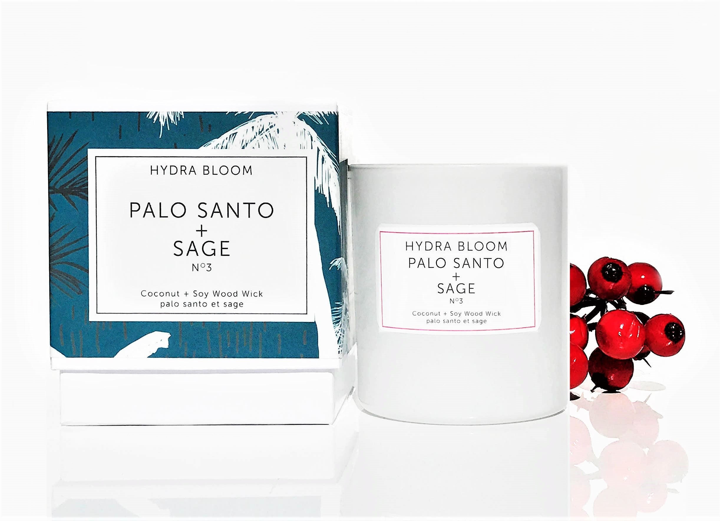 Palo Santo & Sage Natural Candle in a glass jar with a wood wick, showcasing its natural ingredients and elegant design.