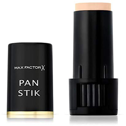 Max Factor Pan Stik Foundation in True Beige 12, showcasing the stick format and creamy texture for easy application.