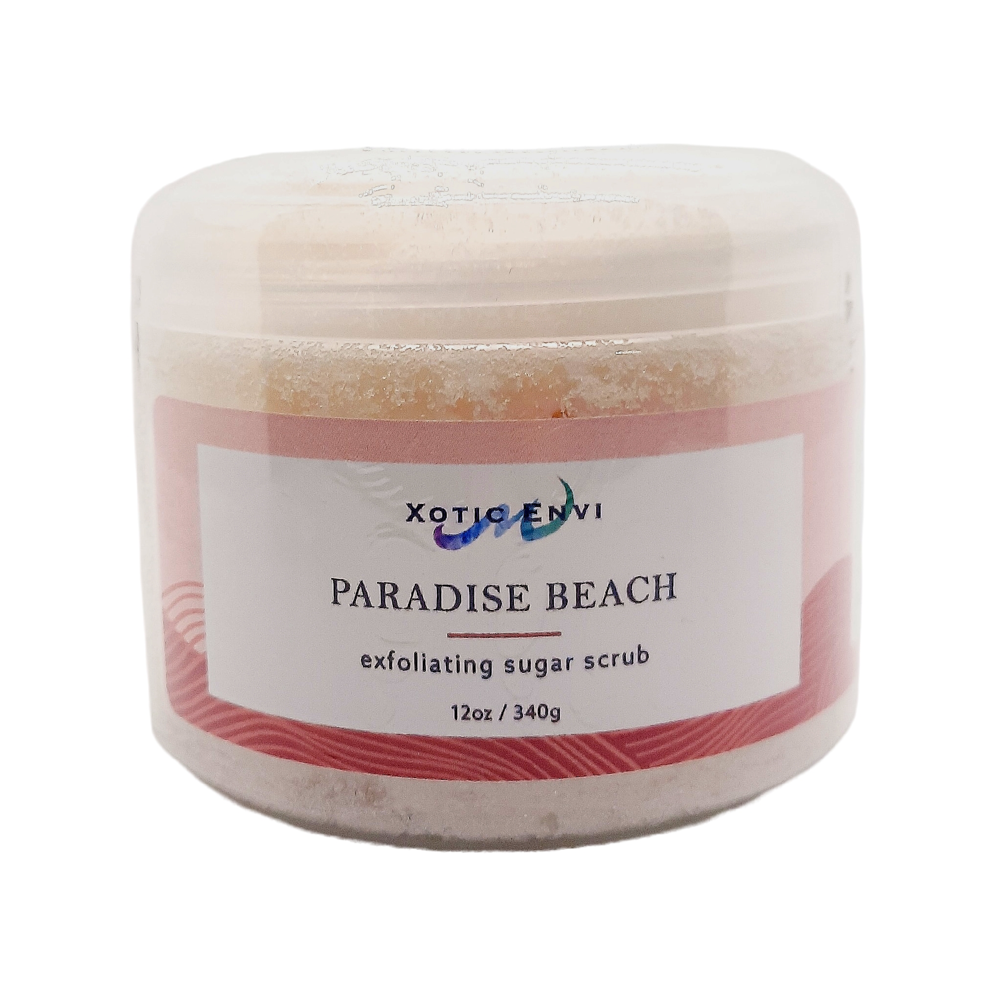 Paradise Beach Exfoliating Sugar Scrub in a clear jar, showcasing its natural sugar granules and vibrant packaging, evoking a beachy aesthetic.