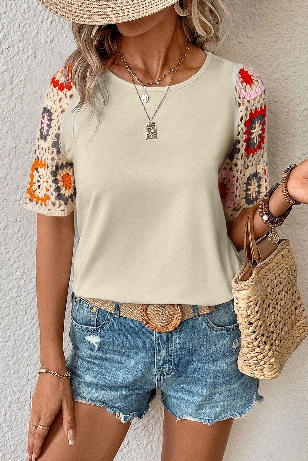 Parchment Floral Crochet Short Sleeve Top featuring intricate floral patterns and a soft fabric, perfect for casual wear.