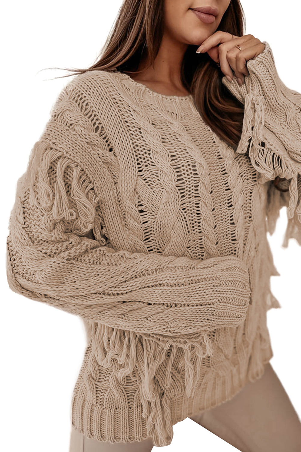 Parchment Tasseled Braided Knit Sweater featuring elegant tassels and braided knit design, perfect for winter fashion.