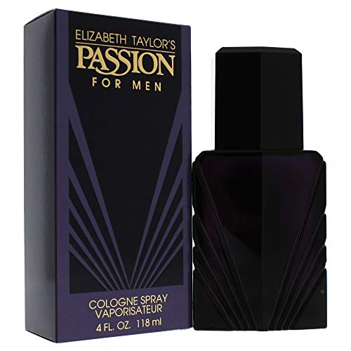 Bottle of Passion Eau de Cologne by Elizabeth Taylor, featuring a classic design with a golden hue, symbolizing its amber woody fragrance.