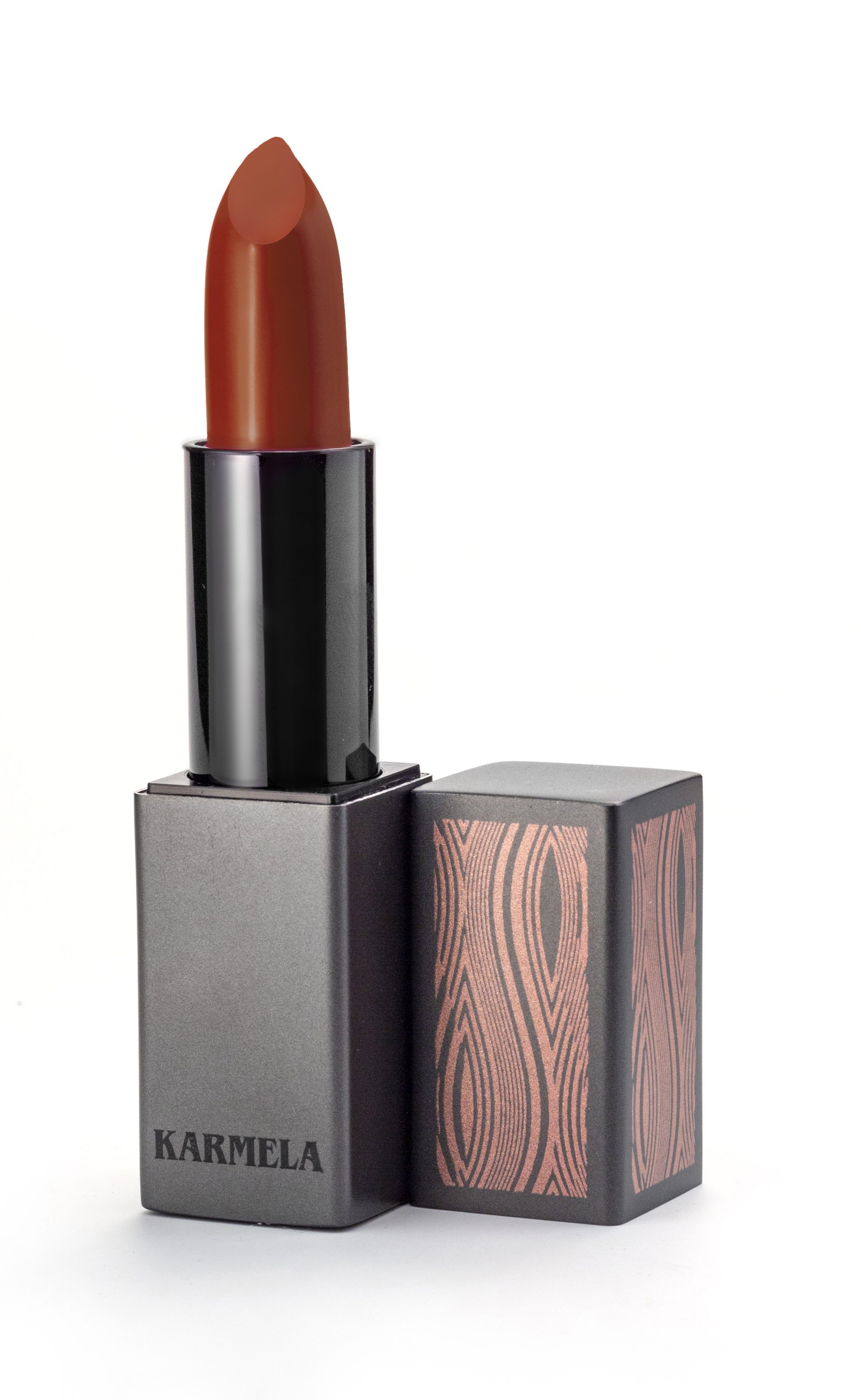 Passion Silk-Matte Lipstick in Deep Red Orange shade, showcasing its sleek design and vibrant color.