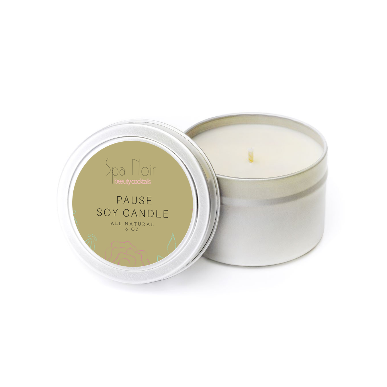 Pause Aromatherapy Candle in a recyclable aluminum container, featuring a soothing lavender and ylang ylang scent.