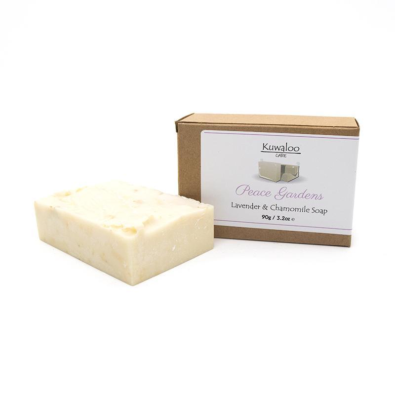 Peace Garden Organic Soap 90g with Lavender and Chamomile, featuring dried flowers on top.